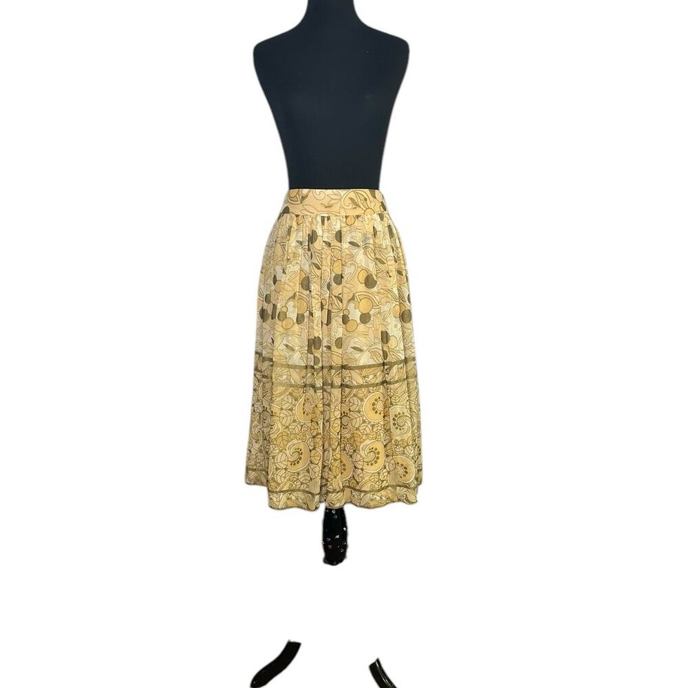 Kay Unger yellow brown floral silk pleated mini skirt size 10